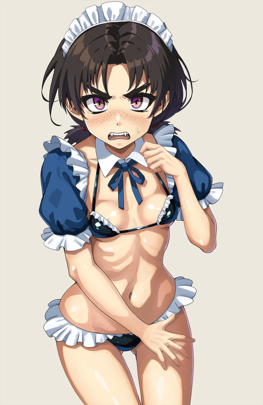 1girl angry ass_visible_through_thighs bikini blue_ribbon blush breasts brown_hair commentary_request embarrassed freckles frilled_bikini frills grey_background highres looking_at_viewer low_twintails maid maid_bikini maid_headdress neck_ribbon onimushi_hyogo open_mouth original purple_eyes ribbon shiny_skin short_sleeves short_twintails simple_background solo standing stomach sweat swimsuit tearing_up teeth thigh_gap twintails unconventional_maid v-shaped_eyebrows