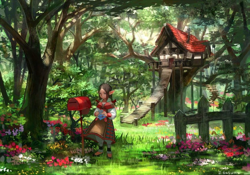 bangs bow braid brown_hair building chimney dress elf envelope fence flower forest grass hair_bow house long_hair long_sleeves mailbox_(incoming_mail) nature original outdoors parted_bangs plant pointy_ears railing sasumata_jirou scenery signature smile solo stairs sunlight tree tree_shade treehouse twin_braids wooden_fence