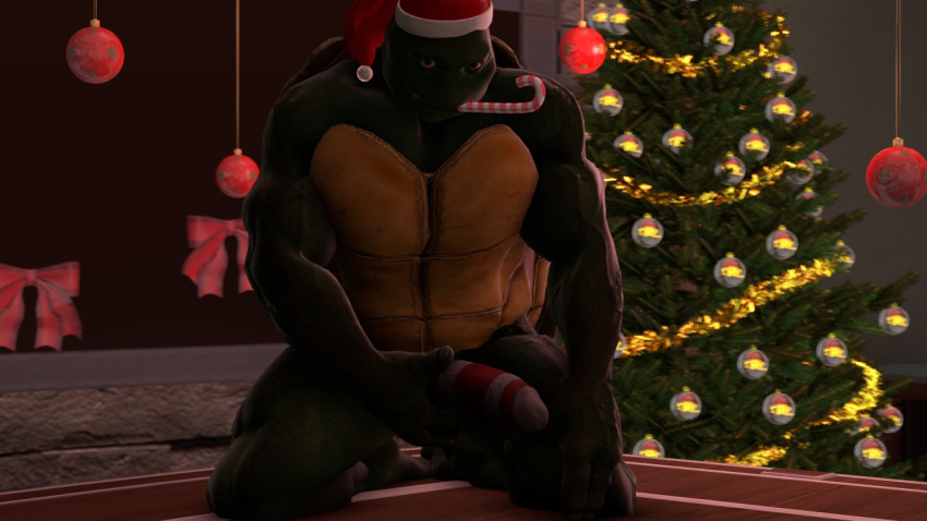 big_penis candy candy_cane christmas christmas_ornaments christmas_tree draz713 food hat holidays kneeling male muscular muscular_male penis pinup pose raphael_(tmnt) reptile santa_hat scalie solo teenage_mutant_ninja_turtles tree turtle