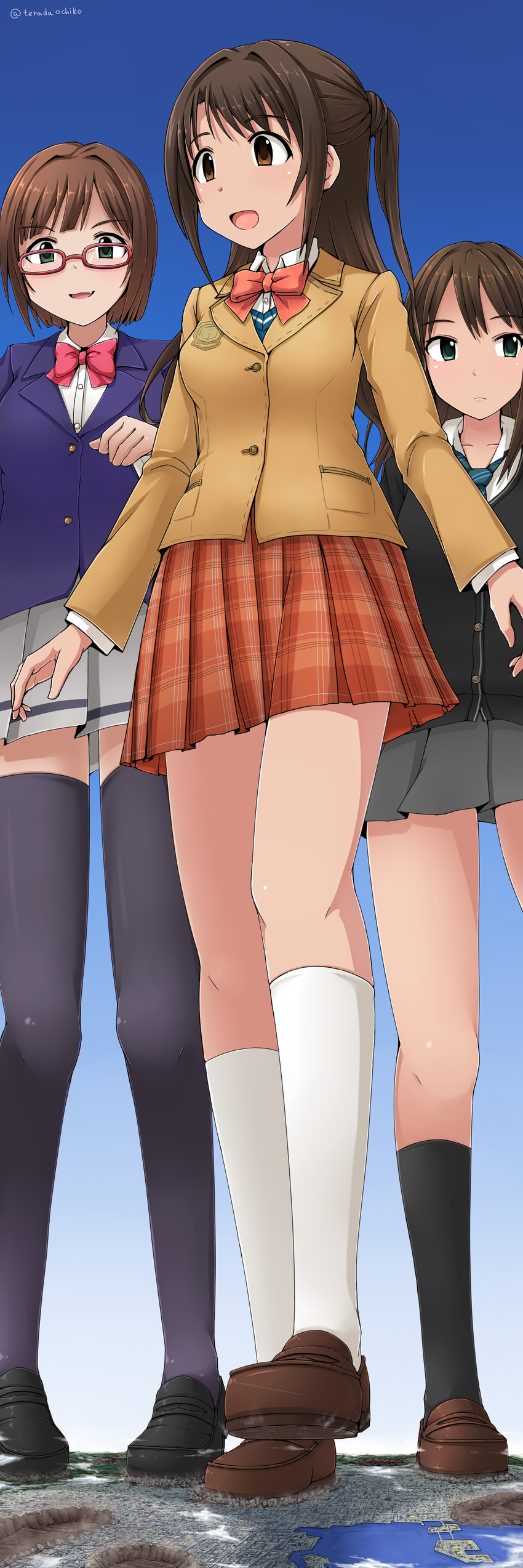 :d absurdres black_legwear blazer brown_eyes brown_hair cardigan giantess glasses green_eyes highres idolmaster idolmaster_cinderella_girls jacket kneehighs loafers long_hair maekawa_miku multiple_girls open_mouth school_uniform shibuya_rin shimamura_uzuki shoes skirt smile sweater terada_ochiko thighhighs twitter_username zettai_ryouiki