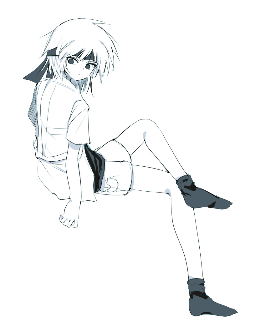 1other absurdres androgynous atoymk closed_mouth commentary dated_commentary greyscale headband highres invisible_chair kurohebi len'en light_frown medium_hair monochrome no_shoes other_focus shirt short_sleeves shorts simple_background sitting solo white_background