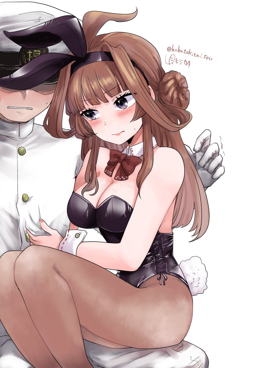 1boy 1girl admiral_(kancolle) ahoge animal_ears bare_shoulders black_leotard blush bow bowtie breasts brown_hair brown_pantyhose cleavage covered_navel detached_collar double_bun embarrassed fake_animal_ears hair_bun hairband hat highres kantai_collection kongou_(kancolle) leotard long_hair lr_hijikata medium_breasts military military_hat military_uniform naval_uniform pantyhose peaked_cap playboy_bunny rabbit_ears rabbit_tail shaded_face sitting sitting_on_person strapless strapless_leotard tail traditional_bowtie uniform wrist_cuffs