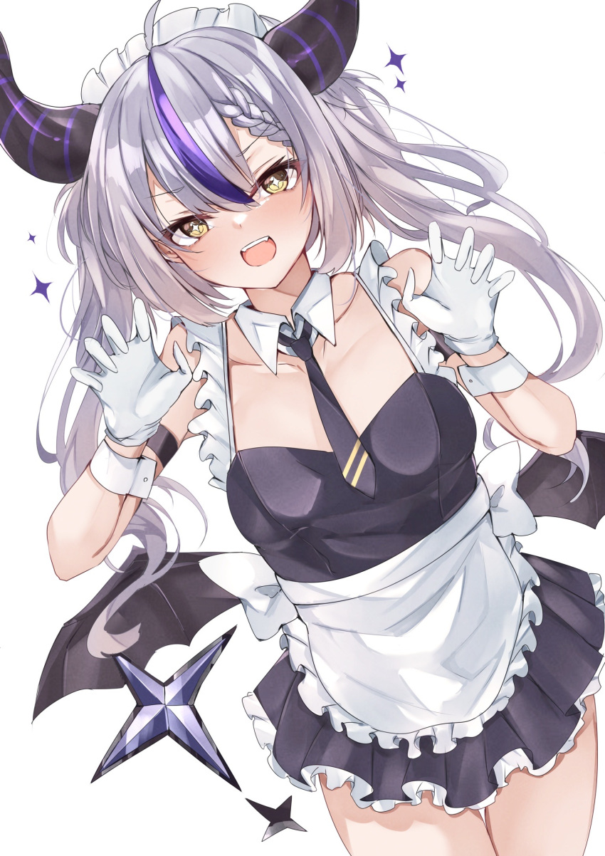 1girl apron black_dress black_necktie braid braided_bangs collar demon_horns demon_wings detached_collar dress gloves grey_hair highres hololive horns la+_darknesss long_hair maid maid_apron maid_headdress mutou_mame necktie open_mouth purple_hair single_braid smile solo teeth upper_teeth_only virtual_youtuber white_collar white_gloves white_headdress white_wrist_cuffs wings wrist_cuffs yellow_eyes