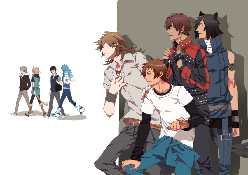 6+boys akira_(togainu_no_chi) animal_ears asato_(lamento) bandaged_neck bandages black_hair blonde_hair blue_hair brown_hair cat_boy cat_ears cat_tail company_connection crossover dramatical_murder drooling facing_away full_body fyfyluker grey_hair grey_pants hand_on_another's_shoulder hiding high_collar holding holding_screwdriver jacket keisuke_(togainu_no_chi) konoe_(lamento) lamento long_hair looking_at_another male_focus mita_makoto mizuki_(dramatical_murder) multiple_boys nitro+_chiral pants profile sakiyama_youji school_uniform screwdriver seragaki_aoba shadow shirt_under_shirt short_hair simple_background stalking standing studded_jacket sweet_pool tail tail_wagging togainu_no_chi tunic walking yaoi