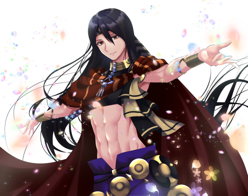 1boy abs crop_top dancer fire_emblem fire_emblem_engage headband kakiko210 long_hair looking_at_viewer male_focus outstretched_arms pants purple_pants seadall_(fire_emblem) solo