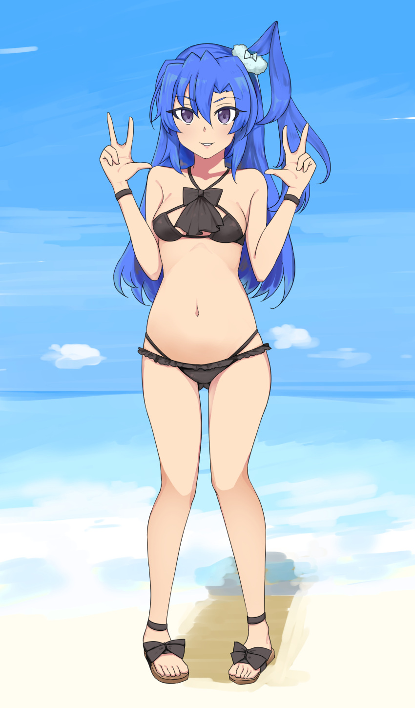 1girl ashikaga_ryuunosuke beach bikini black_bikini blue_hair blue_sky breasts double_v eyebrows_hidden_by_hair full_body hair_between_eyes highres kazanari_tsubasa knees_together_feet_apart lips long_hair looking_at_viewer navel purple_eyes sandals senki_zesshou_symphogear sky small_breasts smile solo stomach swimsuit teeth toes upper_teeth_only v