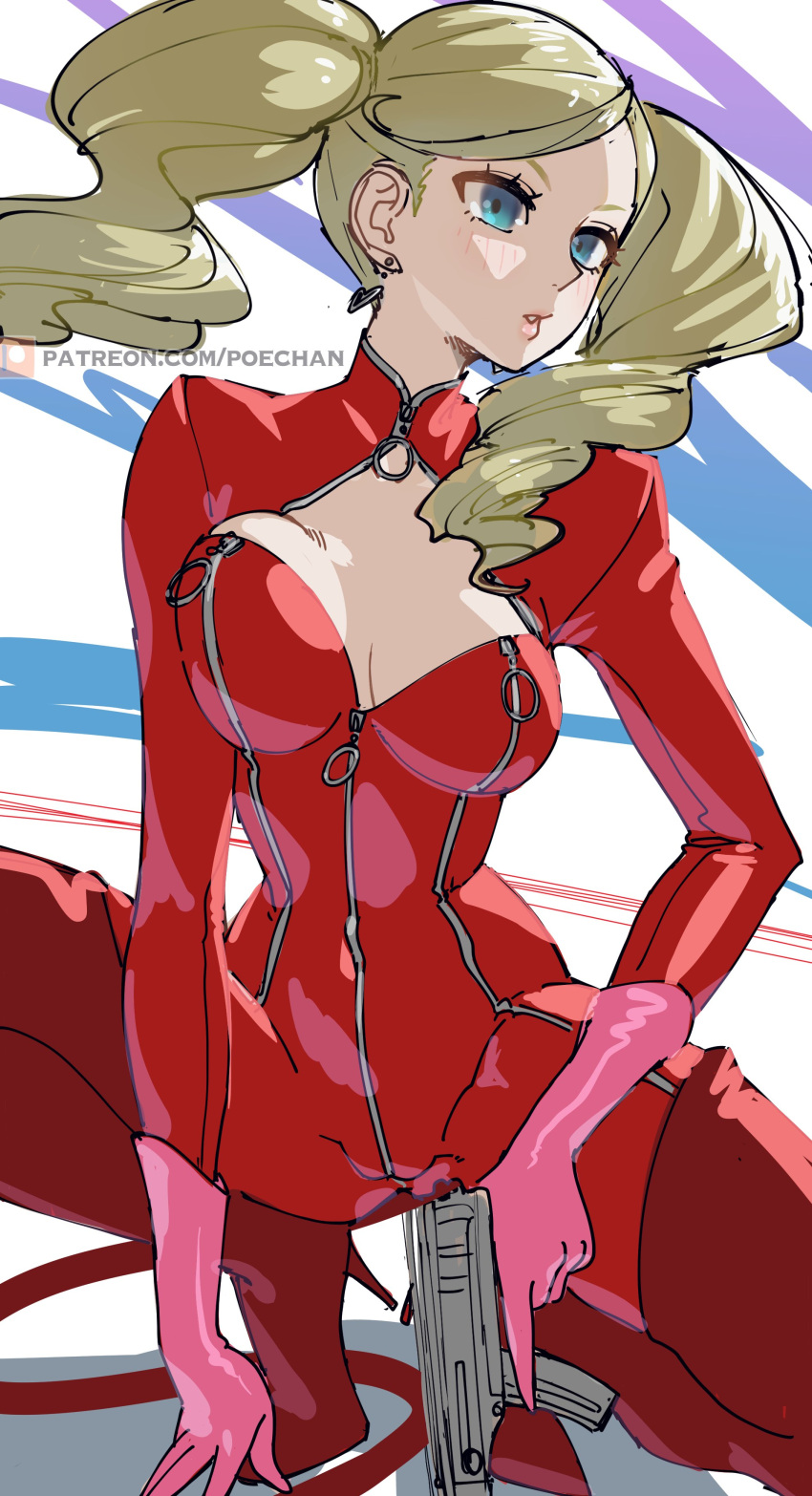 absurdres blonde_hair blue_eyes boots breast_zipper breasts cameltoe cleavage_cutout clothing_cutout earrings fake_tail full-length_zipper gloves gun hand_on_ground heart heart_earrings high_heels highres jewelry large_breasts no_mask patreon_logo patreon_username persona persona_5 pink_gloves poechan_chan squatting submachine_gun tail takamaki_anne thigh_boots twintails weapon zipper zipper_pull_tab