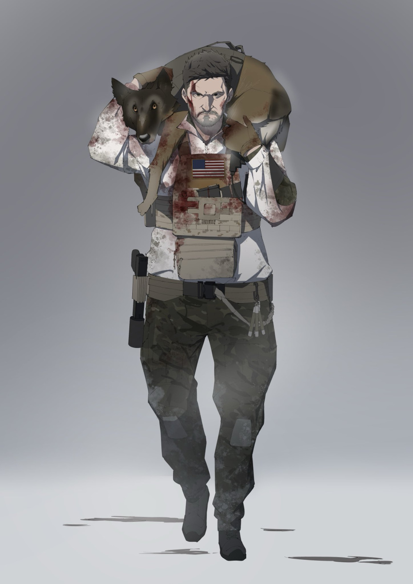 1boy american_flag beard black_eyes black_hair blood blood_on_clothes blood_on_face brown_gloves camouflage camouflage_pants carrying cerberus_(seal_team) closed_mouth dog facial_hair full_body furrowed_brow german_shepherd gloves glowstick highres holstered jacket jason_hayes knee_pads load_bearing_vest long_sleeves looking_at_viewer magazine_(weapon) male_focus military military_operator pants pen_guin15 seal_team_(series) seal_team_six short_hair simple_background solo suppressor white_jacket