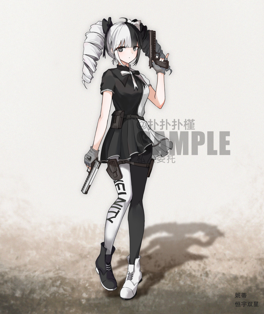 1girl absurdres belt_pouch black_bow black_dress black_footwear black_hair black_pantyhose blue_bow blunt_bangs bow closed_mouth commentary_request dress drill_hair english_text full_body girls'_frontline grey_eyes gun hair_bow highres holding holding_gun holding_weapon holster looking_at_viewer multicolored_bow multicolored_clothes multicolored_dress multicolored_hair multicolored_pantyhose original pantyhose pouch sakatakin shadow simple_background solo thigh_holster twin_drills weapon weapon_request white_bow white_dress white_footwear white_hair white_pantyhose