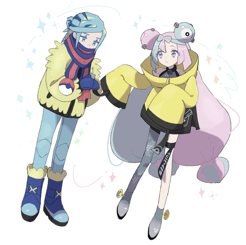 1boy 1girl blue_footwear blue_mittens blue_scarf boots bow-shaped_hair closed_mouth eneko_(olavcnkrpucl16a) eyelashes green_hair green_pants grey_footwear grey_shirt grusha_(pokemon) highres iono_(pokemon) jacket long_hair mittens multicolored_hair pants pink_hair poke_ball_print pokemon pokemon_sv scarf shirt single_leg_pantyhose sleeveless sleeveless_shirt sleeves_past_fingers sleeves_past_wrists sparkle striped_clothes striped_scarf thigh_strap twintails two-tone_hair yellow_jacket