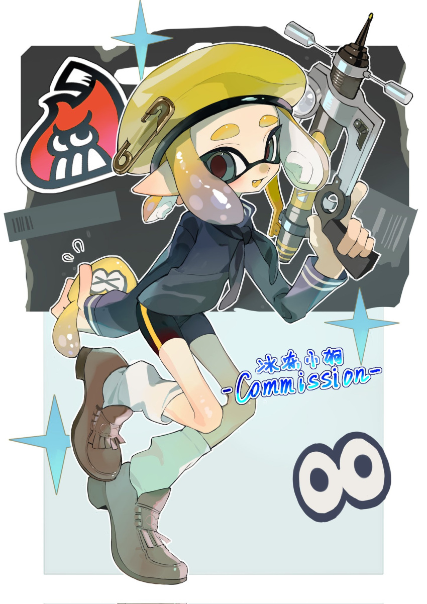 1girl :d beret bike_shorts black_neckerchief black_shirt black_shorts blonde_hair blush border brown_footwear colored_tongue commentary_request commission corrupted_twitter_file fang flying_sweatdrops gradient_hair green_eyes grey_background gun hand_up hat highres holding holding_gun holding_weapon inkling inkling_girl long_sleeves looking_at_viewer multicolored_hair neckerchief open_mouth outline outside_border p-pepper purple_hair safety_pin shirt shoes short_hair short_shorts shorts sidelocks simple_background smile socks solo sparkle splash-o-matic_(splatoon) splatoon_(series) star_(symbol) tentacle_hair thick_eyebrows weapon white_border white_outline white_socks yellow_headwear yellow_tongue