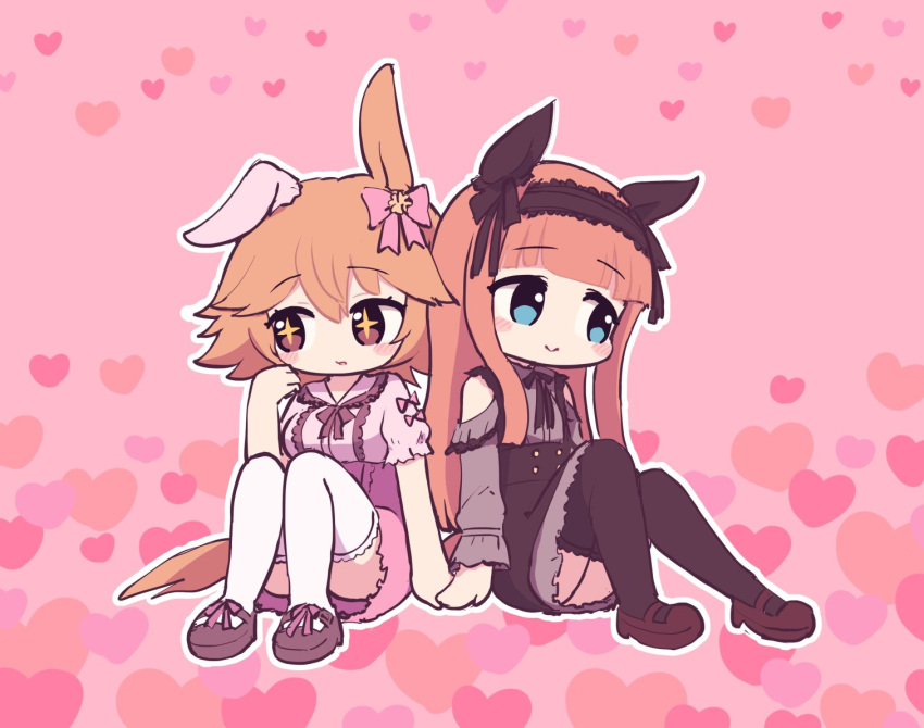 +_+ 2girls alternate_costume animal_ears bare_shoulders black_dress black_hairband black_thighhighs blue_eyes blush blush_stickers bow brown_eyes brown_footwear clothing_cutout commentary dress ear_covers frilled_dress frills hair_bow hairband hime_cut holding_hands horse_ears horse_girl horse_tail long_hair long_sleeves matikanefukukitaru_(umamusume) multiple_girls orange_hair pink_background pink_bow purple_dress short_sleeves shoulder_cutout silence_suzuka_(umamusume) simoyuki simple_background single_ear_cover smile tail thighhighs umamusume white_thighhighs