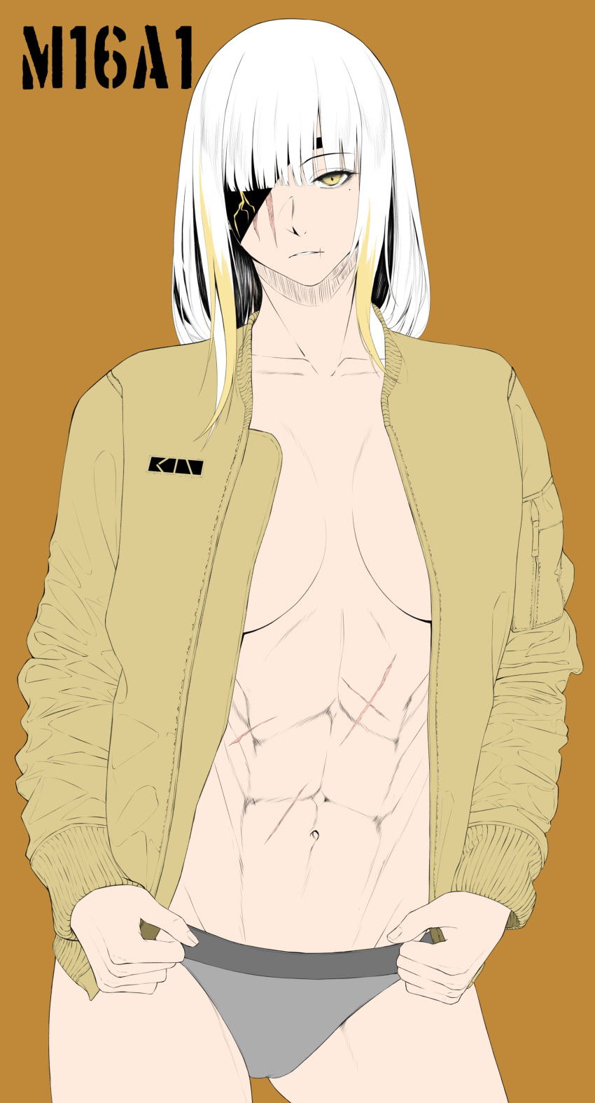 1girl abs absurdres breasts eyepatch girls'_frontline highres large_breasts m16a1_(boss)_(girls'_frontline) m16a1_(girls'_frontline) open_clothes orange_background scar scar_on_stomach smolxeno yellow_eyes