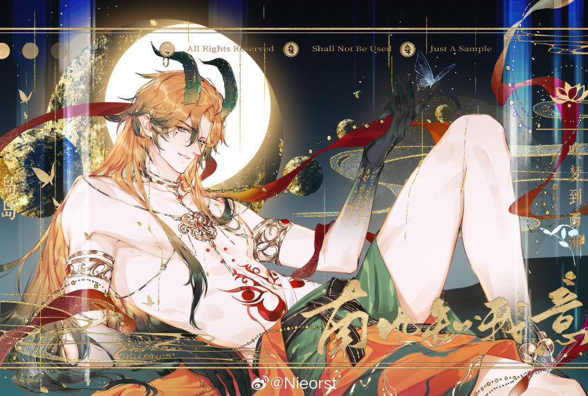 1boy absurdres ankle_bell aqua_eyes armlet bare_legs bell black_skin blonde_hair bug butterfly butterfly_on_hand chinese_clothes chinese_text claws colored_skin colored_tips demon_boy demon_horns facial_mark feet_out_of_frame full_moon gold gradient_hair gradient_skin green_hair green_robe highres holding holding_clothes holding_shawl horn_ornament horns jewelry jingle_bell knee_up lars_rorschach liquid long_hair looking_at_viewer lovebrush_chronicles male_focus moon multicolored_hair necklace nieorst nipples official_alternate_costume parted_bangs parted_lips pectorals pendant pointy_ears reclining red_shawl robe shawl smile smoke stomach_tattoo tattoo topless_male weibo_logo weibo_username