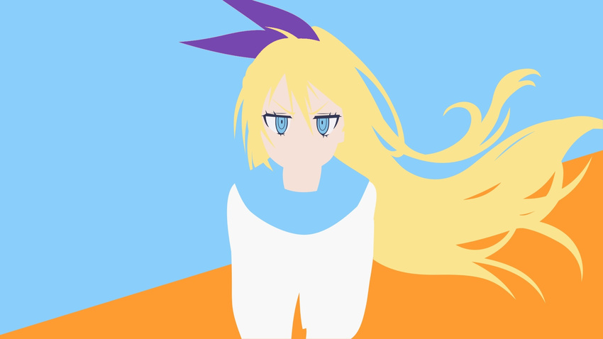 blonde_hair blue_eyes bow hair_bow highres kirisaki_chitoge long_hair nisekoi no_outlines parody school_uniform serafuku simple_background solo tsurime wind