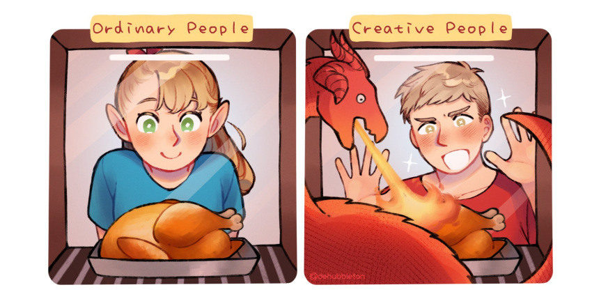 1boy 1girl against_glass blonde_hair blue_shirt blush breathing_fire chicken_(food) closed_mouth comparison cooking dehubbleton dragon dungeon_meshi elf english_commentary english_text excited fire food green_eyes grey_hair hand_on_glass happy highres horns laios_thorden long_hair looking_down marcille_donato meme_request multiple_horns open_mouth oven oven_interior pointy_ears ponytail red_shirt shirt short_hair short_sleeves smile sparkling_eyes tray twitter_username upper_body waiting western_dragon