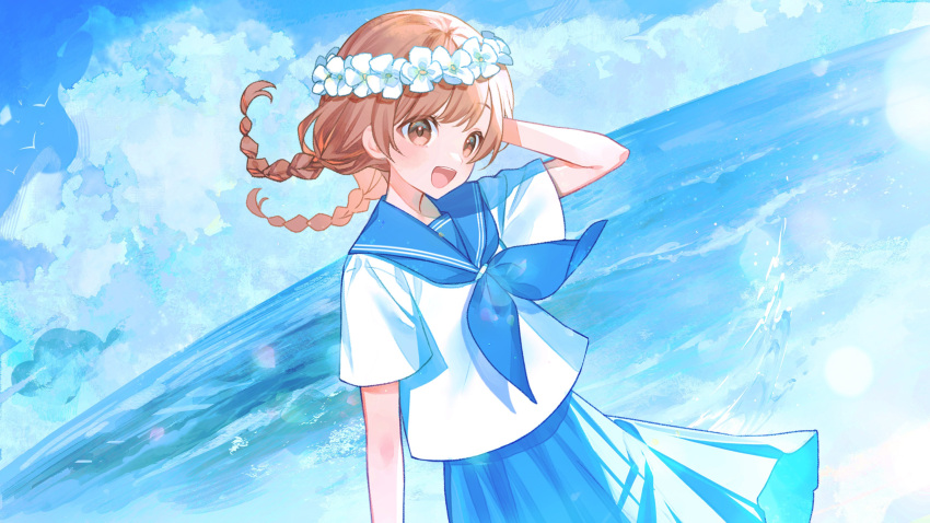 1girl :d absurdres arm_up bird blue_neckerchief blue_sailor_collar blue_skirt blue_sky blurry bokeh brown_eyes brown_hair cloud cloudy_sky commentary_request day depth_of_field dutch_angle floating_hair flower_wreath hand_on_own_head head_wreath highres horizon indie_virtual_youtuber long_bangs low_twintails neckerchief ocean official_art open_mouth outdoors pleated_skirt sailor_collar sayu_(snowman_and_mayu) school_uniform serafuku shirt short_sleeves skirt sky smile solo swept_bangs teeth three_quarter_view twintails upper_teeth_only virtual_youtuber waves white_shirt wind yuu_(vtuber)