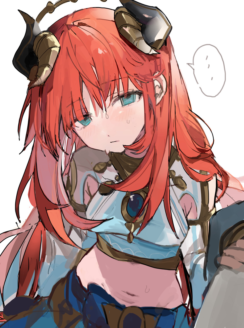 ... 1girl absurdres blue_eyes blush breasts crop_top genshin_impact hair_between_eyes harem_outfit highres horns korean_commentary long_hair long_sleeves looking_at_viewer midriff nilou_(genshin_impact) qqkkay red_hair simple_background small_breasts solo spoken_ellipsis very_long_hair wet wet_hair white_background