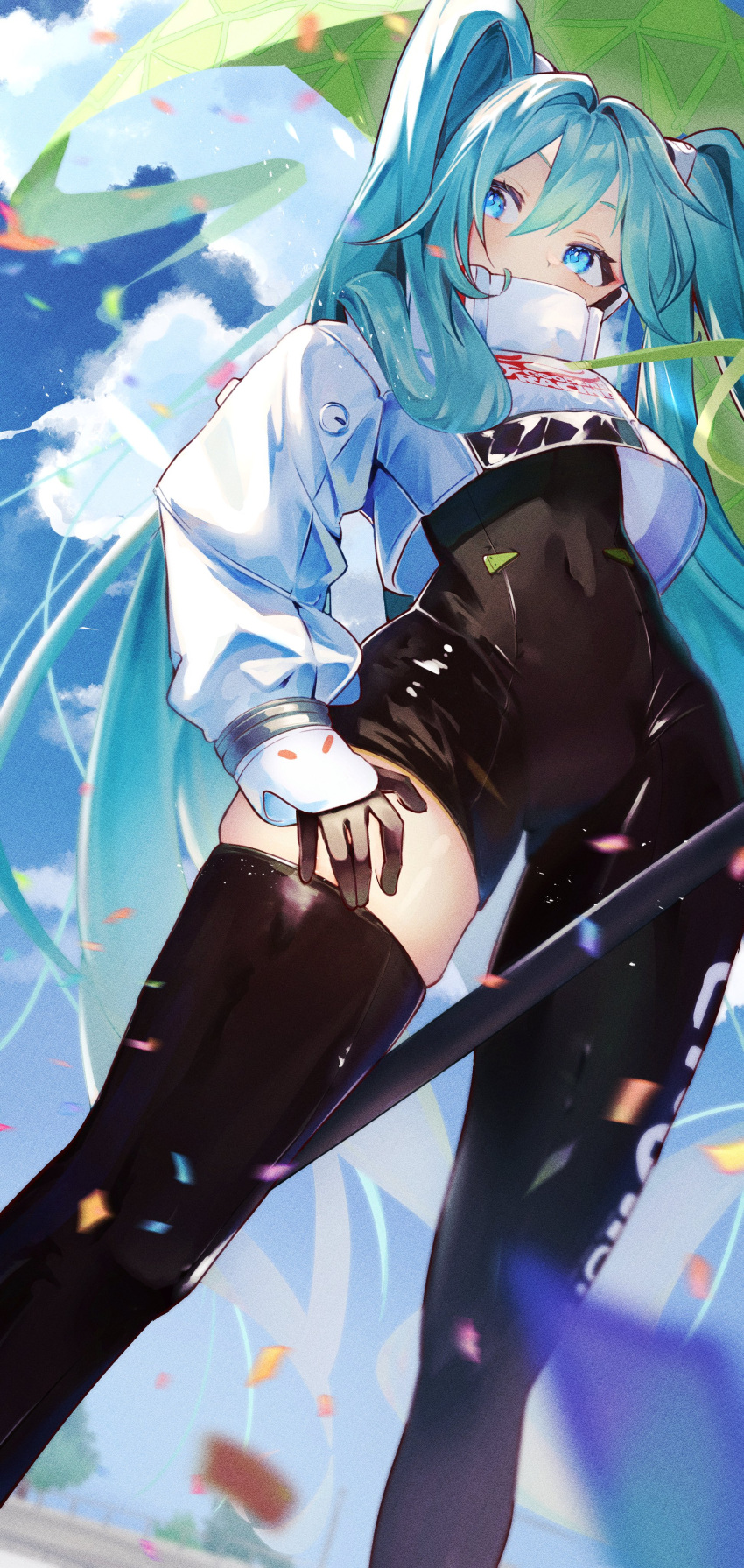 1girl absurdres aqua_hair asymmetrical_bodysuit black_bodysuit black_gloves blue_eyes bodysuit commentary_request confetti crop_top crop_top_overhang cropped_jacket feet_out_of_frame film_grain from_above gloves goodsmile_racing green_flag hair_between_eyes hand_on_own_thigh hatsune_miku high_collar highres inuyama_(1109) jacket long_hair looking_to_the_side race_queen racing_miku racing_miku_(2022) single_leg_bodysuit single_thighhigh skin_tight skindentation solo thighhighs twintails very_long_hair vocaloid white_jacket
