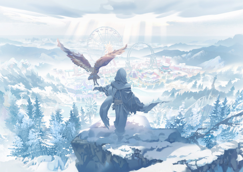 1other absurdres bird boots cape cloak cloud day facing_away ferris_wheel gloves grey_cape grey_cloak grey_pants hawk highres hood hood_up hooded_cloak ice_(805482263) light_rays mountain mountainous_horizon original outdoors outstretched_arm pants pine_tree rock roller_coaster scenery snow solo standing sunlight tent torn_cape torn_clothes tree winter