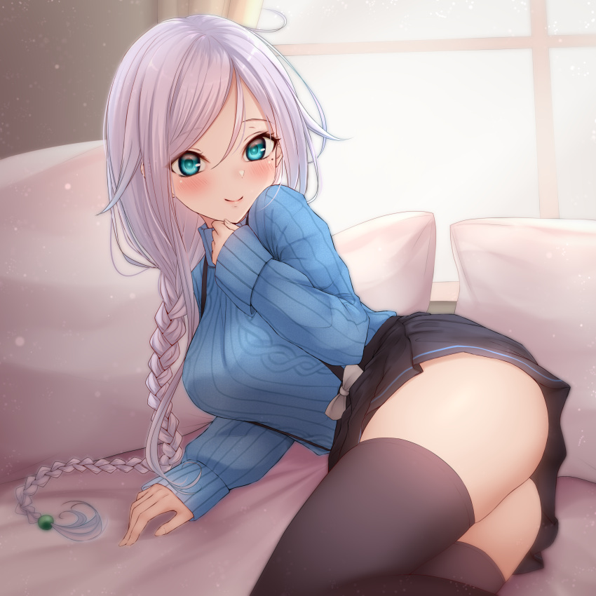 1girl absurdres alternate_costume ass black_skirt black_thighhighs blue_eyes blue_sweater blush braid breasts closed_mouth feet_out_of_frame grey_hair highres indoors kantai_collection large_breasts long_hair long_sleeves mole mole_under_eye nuka_(nvkka) pleated_skirt single_braid skirt smile solo sweater thighhighs umikaze_(kancolle) window