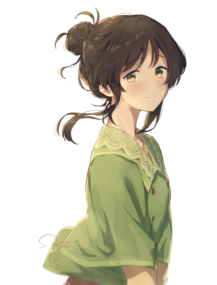 1girl blush brown_hair flat_chest green_shirt hair_bun highres idolmaster idolmaster_cinderella_girls sanpo_(sanpo_1027) shirt sidelocks simple_background smile solo takamori_aiko upper_body white_background yellow_eyes