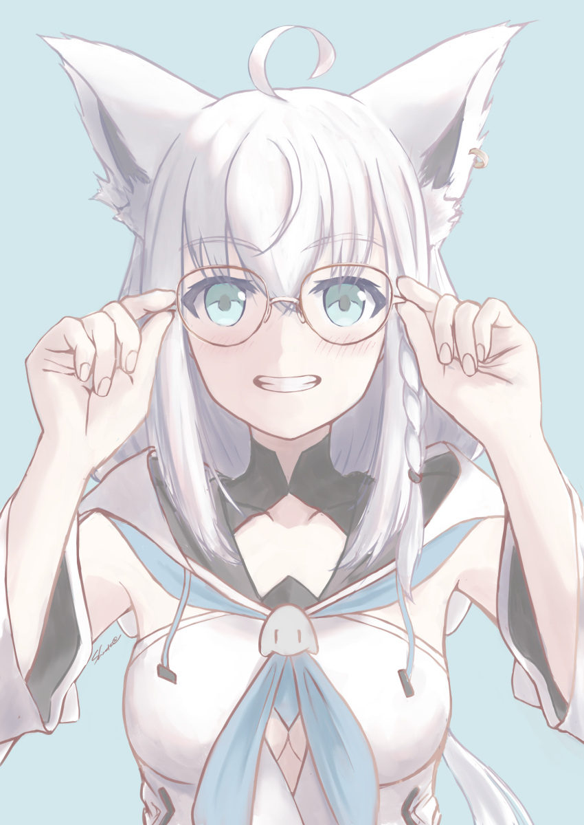 1girl absurdres adjusting_eyewear ahoge animal_ear_fluff animal_ears blue_background blue_neckerchief blush braid breasts cleavage commentary_request detached_sleeves earrings fox_ears fox_girl glasses green_eyes grin hair_between_eyes highres hololive hood hoodie jewelry long_hair looking_at_viewer neckerchief shirakami_fubuki shirakami_fubuki_(1st_costume) shirata98 sidelocks simple_background single_braid small_breasts smile solo virtual_youtuber white_hair white_hoodie