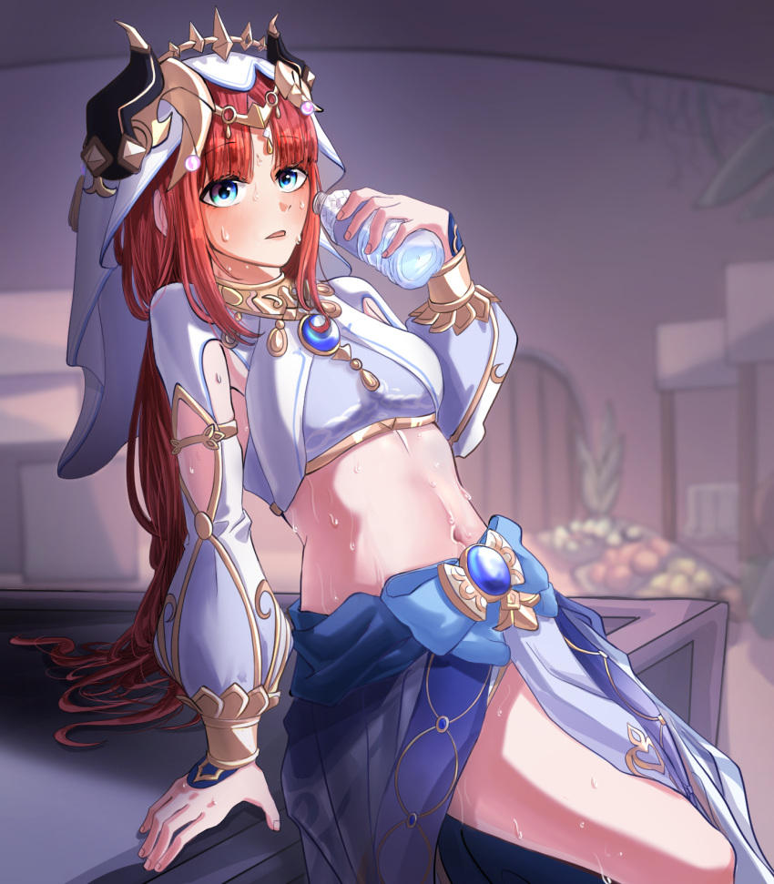 1girl armpit_cutout blue_eyes blue_skirt blush bottle breasts brooch clothing_cutout commentary_request crop_top fake_horns genshin_impact hand_up highres holding holding_bottle horns indoors jangisa jewelry long_hair long_sleeves looking_at_viewer medium_breasts midriff navel neck_ring nilou_(genshin_impact) parted_lips red_hair sitting skirt solo stomach sweat thighs veil very_long_hair water_bottle