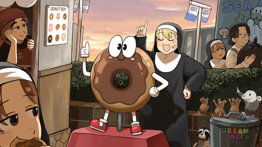 5girls :d apron bird black_hair black_shirt blonde_hair brown_eyes brown_hair chicken closed_eyes clumsy_nun_(diva) diva_(hyxpk) doughnut doughnut_stamp eating english_commentary food glasses glasses_nun_(diva) graffiti hedge highres hungry_nun's_mother_(diva) hungry_nun_(diva) mouse multiple_girls no_eyewear possum raccoon red_apron round_eyewear shirt smile squinting thick_eyebrows trash_bag trash_can urban_area_keeper_(diva) zoo zookeeper zookeepers_(diva)