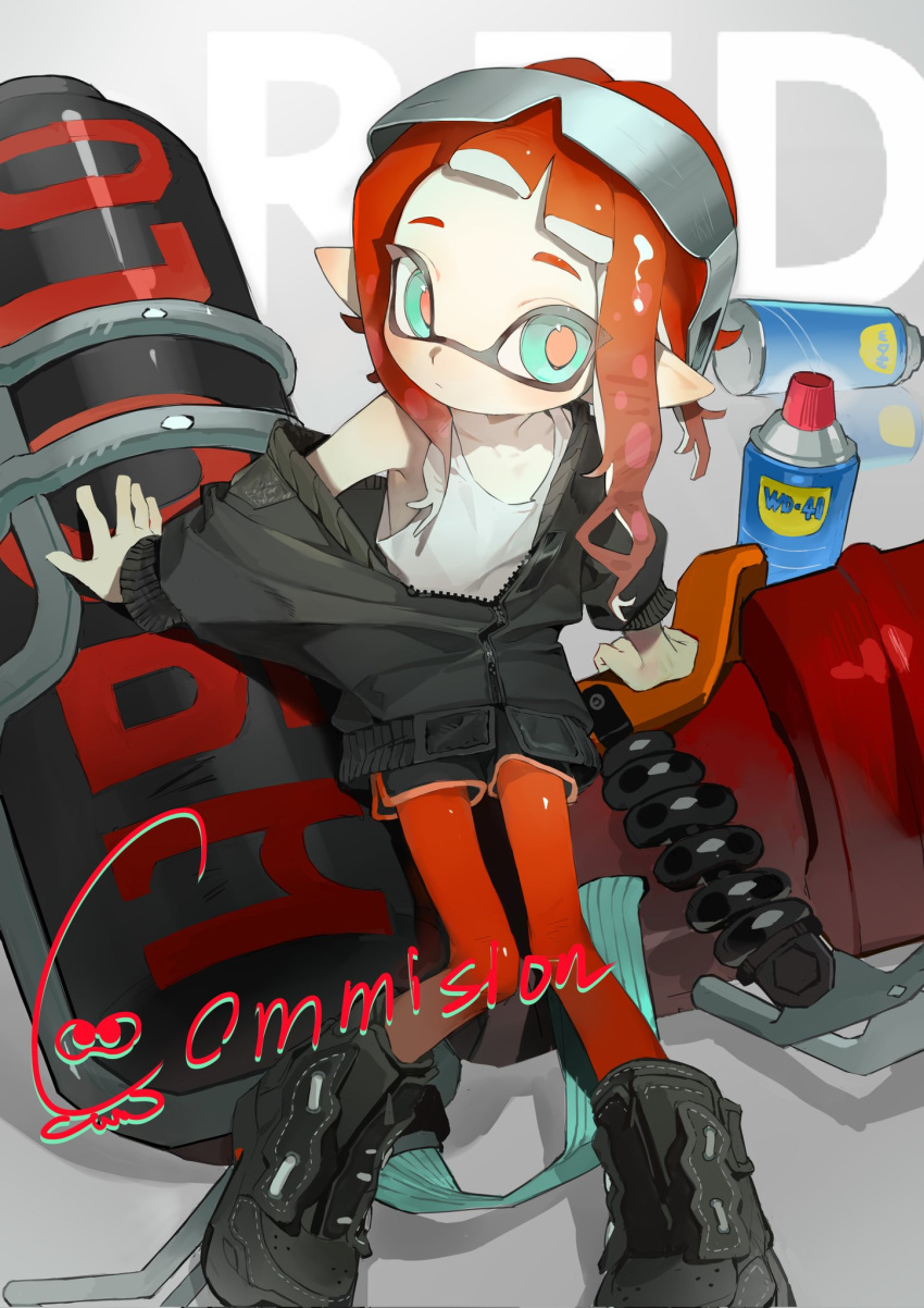 1girl arm_support black_footwear black_jacket black_shorts blush boots closed_mouth commentary commission corrupted_twitter_file english_commentary expressionless eyewear_on_head forehead green_eyes grey_background gun highres hydra_splatling_(splatoon) inkling inkling_girl jacket long_sleeves looking_at_viewer medium_hair off_shoulder p-pepper pantyhose pantyhose_under_shorts partially_unzipped pointy_ears red_hair red_pantyhose red_pupils short_eyebrows short_shorts shorts sidelocks simple_background sitting solo splatoon_(series) tank_top tentacle_hair wd-40 weapon white_tank_top zipper