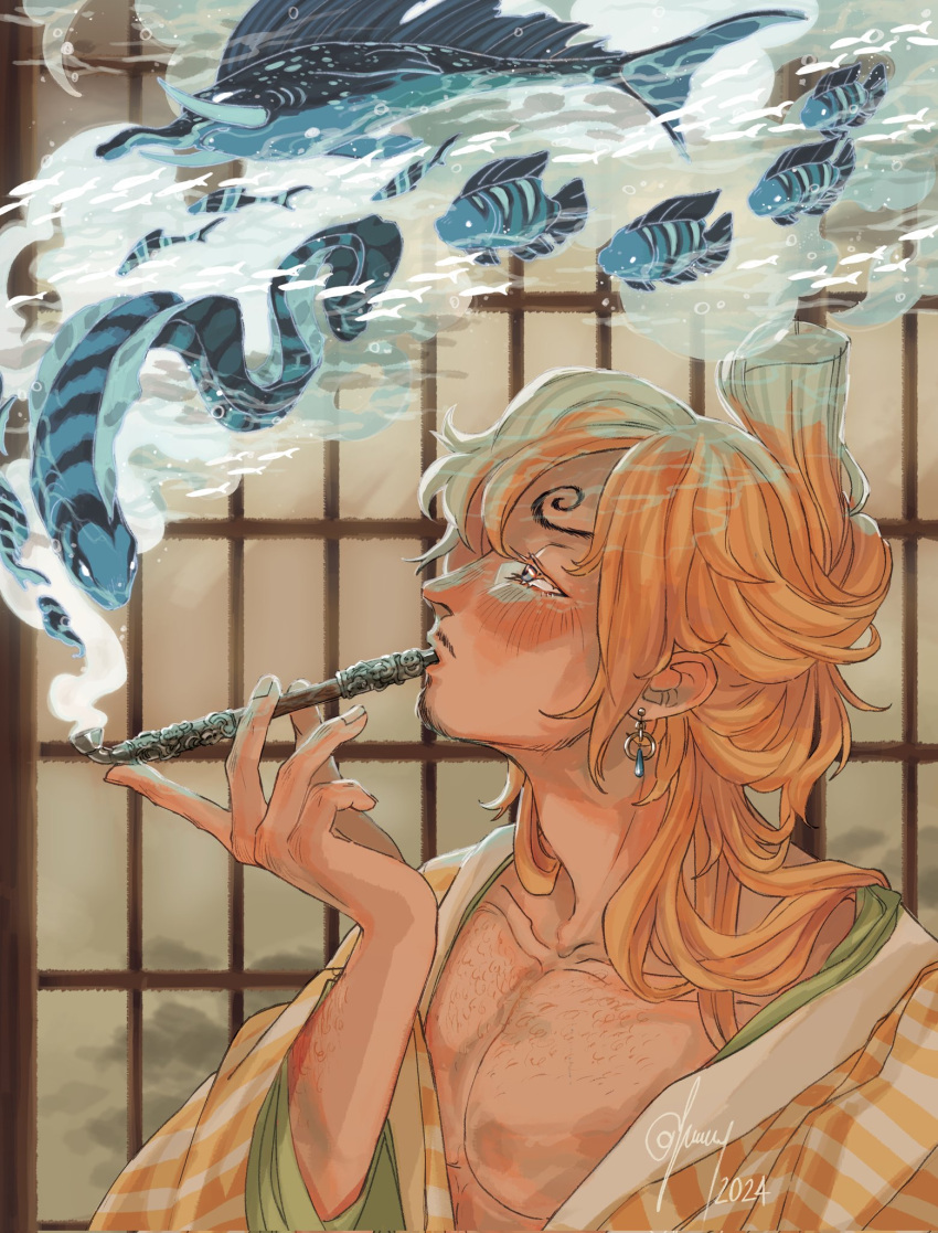 1boy 2024 adam's_apple arm_up blonde_hair blue_eyes breasts cleavage curly_eyebrows earrings eyelashes facial_hair fish goatee hairy_chest highres holding holding_smoking_pipe imagining japanese_clothes jewelry kimono long_hair looking_up lunaisanartist male_focus mustache one_piece open_clothes pectorals sanji_(one_piece) signature smoking smoking_pipe striped_clothes striped_kimono yellow_kimono
