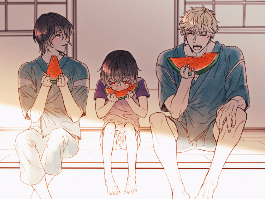 3boys barefoot black_hair blonde_hair blue_shorts blush child commentary_request eating family father_and_son food fruit full_body grey_eyes highres holding holding_food holding_fruit looking_at_another multiple_boys one_eye_closed open_mouth red_eyes sakiyama_youji shironuma_tetsuo shirt shorts sitting sketch summer sunlight sweet_pool t-shirt watermelon watermelon_slice yaguchi4322 yellow_eyes