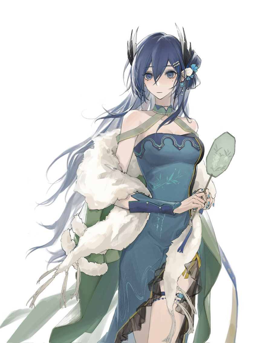 1girl arknights bare_shoulders blue_dress blue_eyes blue_hair breasts cantabile_(arknights) cantabile_(illumination_that_of_daylights)_(arknights) commentary_request cowboy_shot dress feather_boa hatsumi0515 highres holding long_hair looking_at_viewer medium_breasts mole mole_under_eye official_alternate_costume solo standing strapless strapless_dress very_long_hair