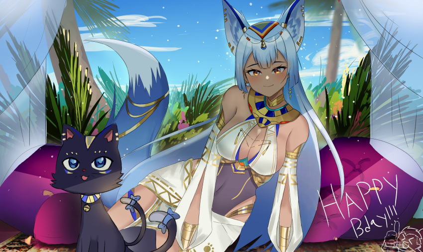 1girl absurdres animal_ears armlet bare_shoulders blue_bow blue_eyes blue_sky bow breasts brown_eyes cat cleavage closed_mouth cloud covered_navel detached_sleeves earrings egyptian egyptian_clothes gold_bracelet grey_hair happy_birthday highres indie_virtual_youtuber jewelry large_breasts long_hair nairu_nirvana paw_print pillow plant sky solo specterehd tail tail_bow tail_ornament tan thumbs_up usekh_collar virtual_youtuber