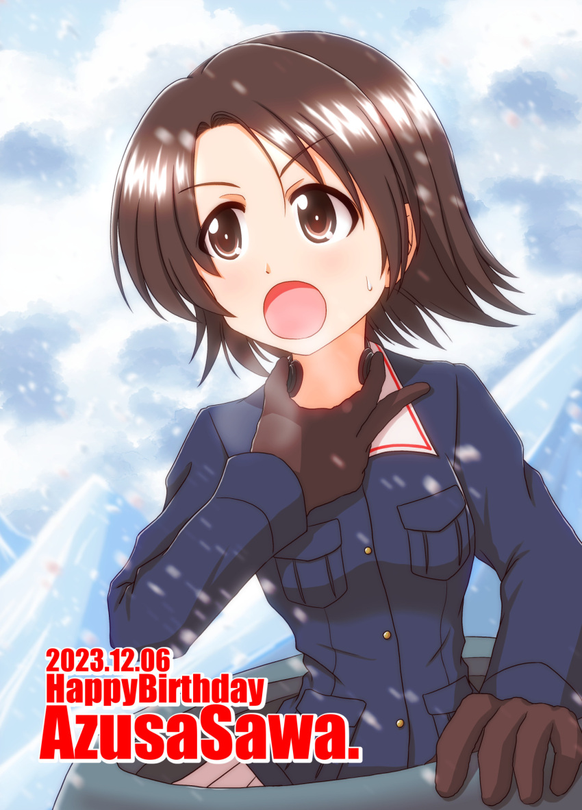 1girl birthday black_gloves blue_jacket breath brown_eyes brown_hair character_name dated day english_text girls_und_panzer gloves hand_on_own_throat happy_birthday highres ishitsu_tadashi jacket long_sleeves looking_to_the_side military_uniform mountainous_horizon ooarai_military_uniform open_mouth outdoors parted_bangs pleated_skirt sawa_azusa short_hair skirt snowing solo sweatdrop tank_cupola throat_microphone uniform white_skirt