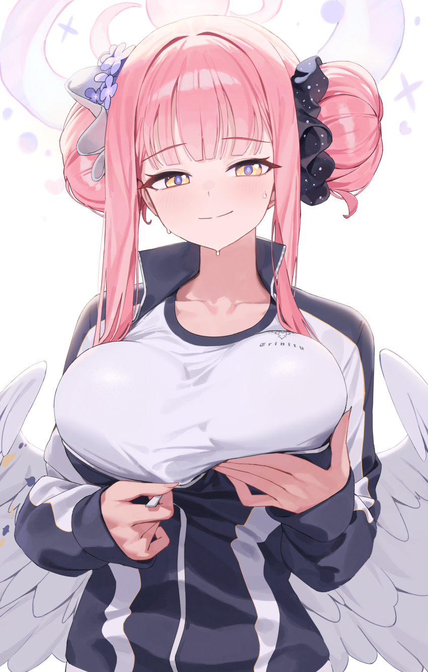 1girl absurdres big_hair black_scrunchie blue_archive blue_jacket blush breasts closed_mouth collarbone double_bun fingernails flower grabbing_own_breast gym_uniform hair_bun hair_flower hair_ornament hair_ribbon hair_scrunchie halo highres huge_breasts jacket long_sleeves looking_at_viewer low_wings mika_(blue_archive) pink_hair pink_halo print_scrunchie print_shirt purple_flower revision ribbon rivet_(vvrn2825) scrunchie shirt simple_background sleeves_past_wrists smile solo sweat track_jacket white_background white_ribbon white_shirt white_wings wings yellow_eyes