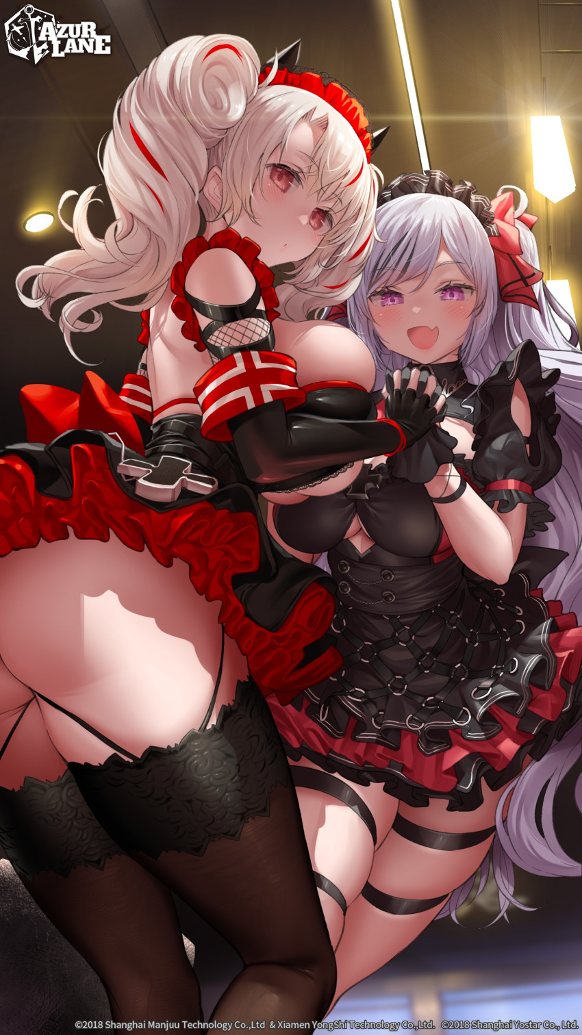 2girls absurdres arched_back ass azur_lane black_dress black_gloves blurry blurry_background breasts clothing_cutout commentary copyright_name cross dress elbe_(azur_lane) elbe_(time_to_show_off?)_(azur_lane) english_commentary fang fingerless_gloves frills from_behind from_side gloves grey_hair highres holding_hands indoors interlocked_fingers iron_cross large_breasts long_hair looking_at_viewer multicolored_hair multiple_girls official_alternate_costume official_art open_mouth parted_bangs prinz_adalbert_(after-hours_service)_(azur_lane) prinz_adalbert_(azur_lane) purple_eyes red_eyes red_ribbon ribbon skin_fang smile streaked_hair thigh_strap thighhighs twintails twisted_torso underboob underboob_cutout uo_denim very_long_hair white_hair