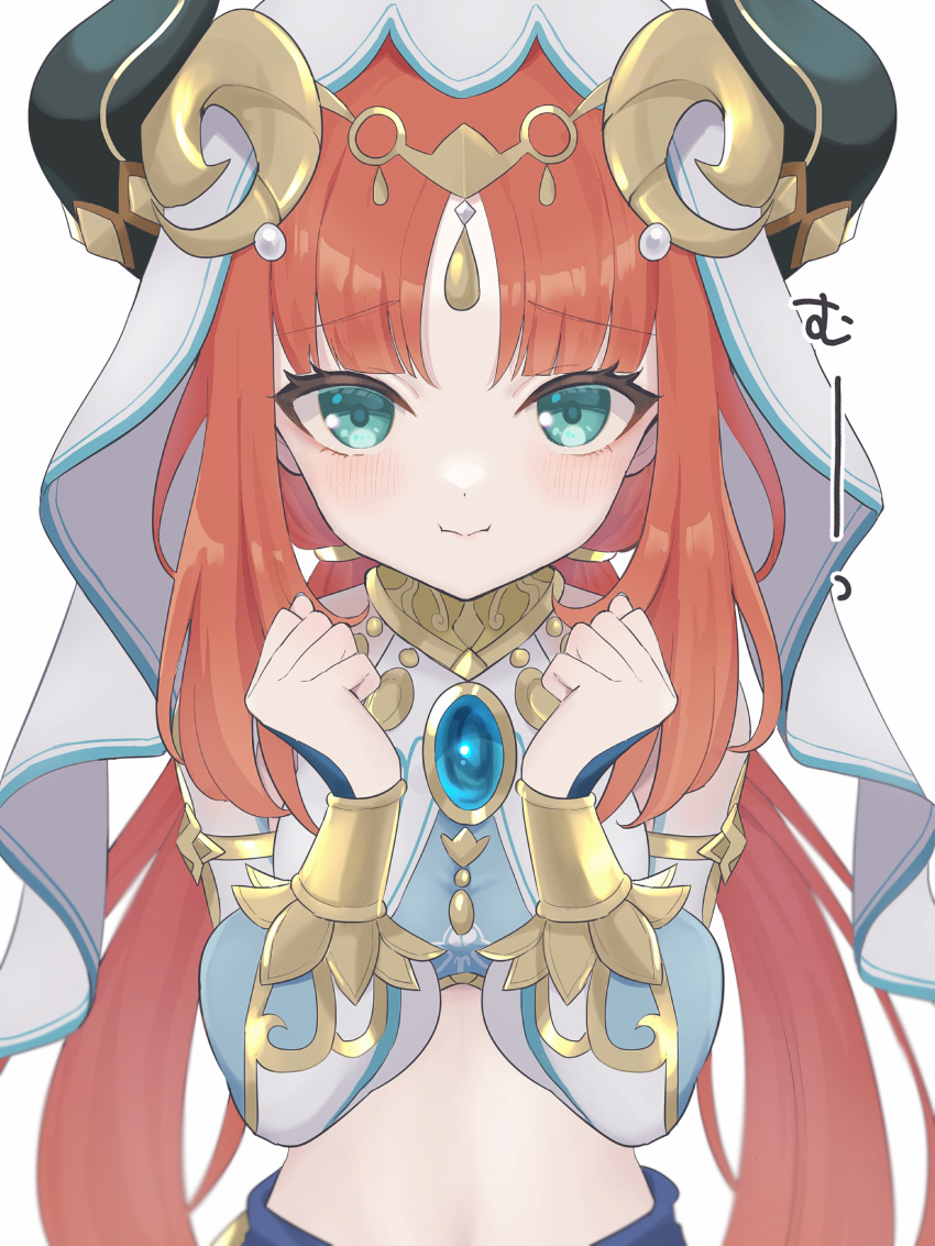 1girl :i absurdres aqua_eyes brooch commentary_request crop_top fake_horns genshin_impact highres horns jewelry long_hair long_sleeves looking_at_viewer midriff neck_ring nilou_(genshin_impact) red_hair simple_background solo stomach upper_body ura_(hamburg_oniku) veil very_long_hair white_background