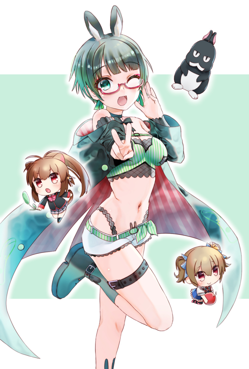 3girls ;d animal_ears apple bare_shoulders black_jacket blue_bow blush boots bow breasts brown_hair c: cat_ears chibi chibi_inset choker cleavage closed_mouth coat commentary crossover curvy food fruit glasses green_background green_choker green_coat green_eyes green_footwear green_hair green_theme grisaia_(series) grisaia_no_kajitsu hair_bow hand_up happy highres holding holding_food holding_fruit indie_virtual_youtuber irisu_makina jacket little_busters! little_busters!_school_uniform long_hair long_sleeves looking_at_viewer medium_breasts micro_shorts multiple_girls natsume_rin natsuoto_rito navel one_eye_closed open_clothes open_coat open_mouth outstretched_arm ponytail rabbit_ears red-framed_eyewear red_eyes school_uniform semi-rimless_eyewear short_hair short_sleeves shorts simple_background smile solo_focus standing standing_on_one_leg tamiyasu_tomoe tammy_(vtuber) thigh_strap two-tone_background two_side_up v virtual_youtuber voice_actor_connection white_background white_shorts