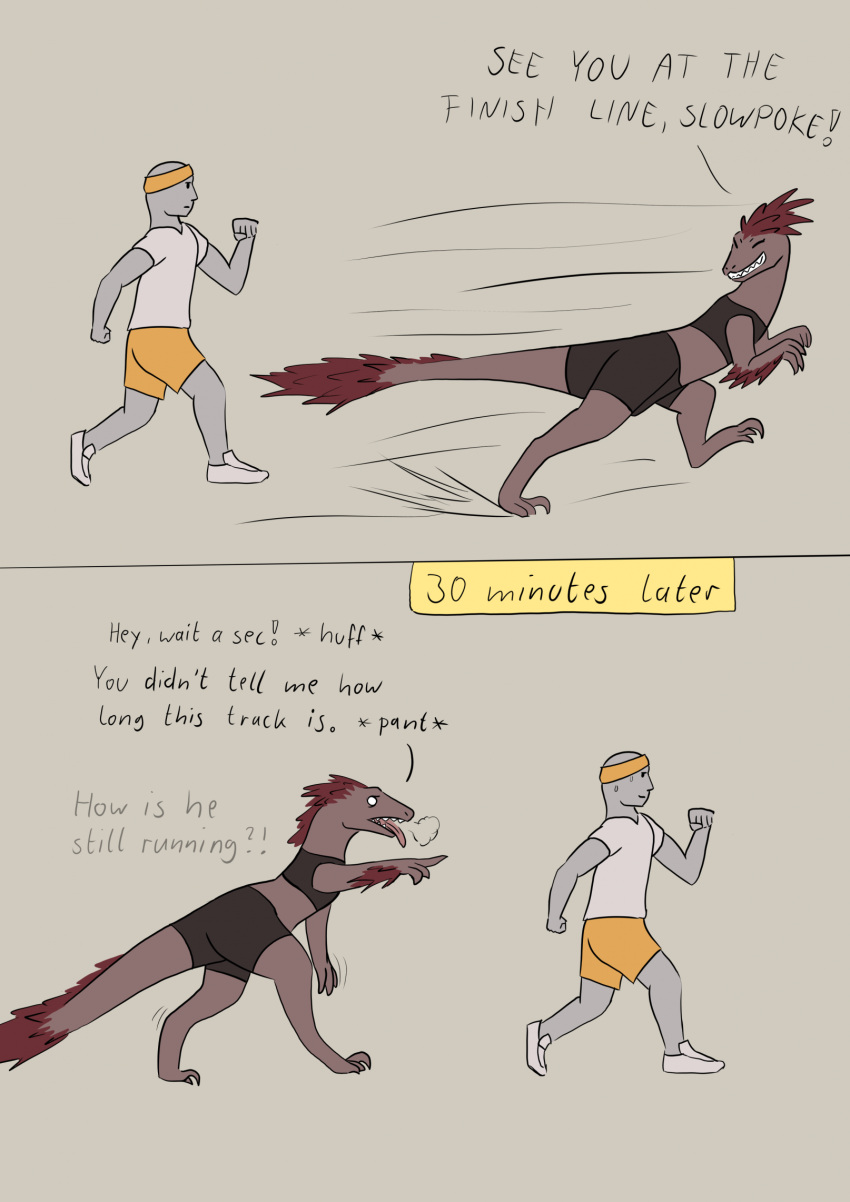 accessory ambiguous_gender bottomwear bra breath clothing comic dialogue dinosaur dromaeosaurid endurance exhausted feathered_arms feathered_crest feathered_dinosaur feathered_raptor feathered_tail feathers feral gym_bottomwear gym_clothing gym_shorts head_crest headband hi_res human lizardanon male mammal panting reptile running running_shoes scalie shaded shaking_legs shorts simple_background simple_shading sports_bra tail theropod time_lapse underwear wobbling