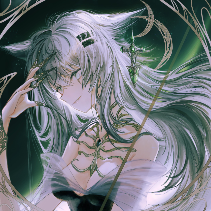 1girl absurdres alternate_costume animal_ears arknights black_dress breasts cleavage commentary_request dress fuyuumikou green_eyes grey_eyes grey_hair hair_between_eyes hair_ornament hairclip highres lappland_(arknights) long_hair scar scar_across_eye solo wolf_ears wolf_girl