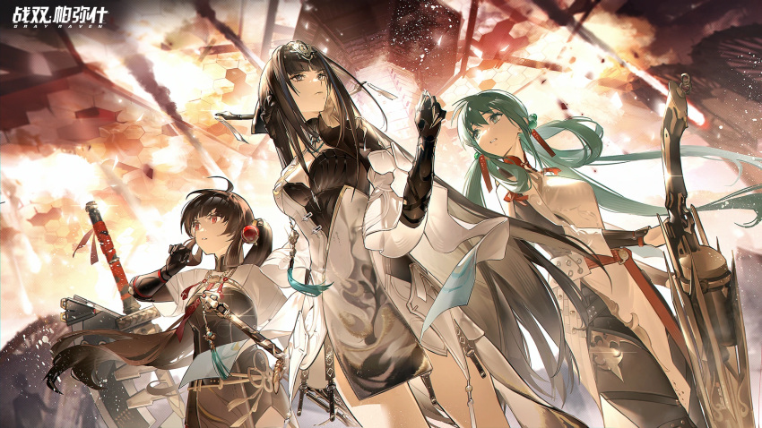 artist_request black_hair china_dress chinese_clothes dress earrings fire frown glaring green_eyes green_hair headgear highres jewelry long_hair looking_up low_twintails mechanical_arms official_art pulao_(punishing:_gray_raven) punishing:_gray_raven qu_(punishing:_gray_raven) red_eyes side_ponytail sword tassel twintails weapon