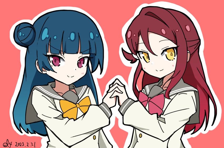 2girls blunt_bangs bow bowtie dated grey_sailor_collar hair_between_eyes hair_bun half_updo highres holding_hands interlocked_fingers long_hair long_sleeves looking_at_viewer love_live! love_live!_sunshine!! multiple_girls oofushi_ao outline red_background red_bow red_bowtie red_eyes red_hair sailor_collar sakurauchi_riko shirt sidelocks signature single_side_bun tsushima_yoshiko upper_body v-shaped_eyebrows white_outline white_shirt yellow_bow yellow_bowtie yellow_eyes