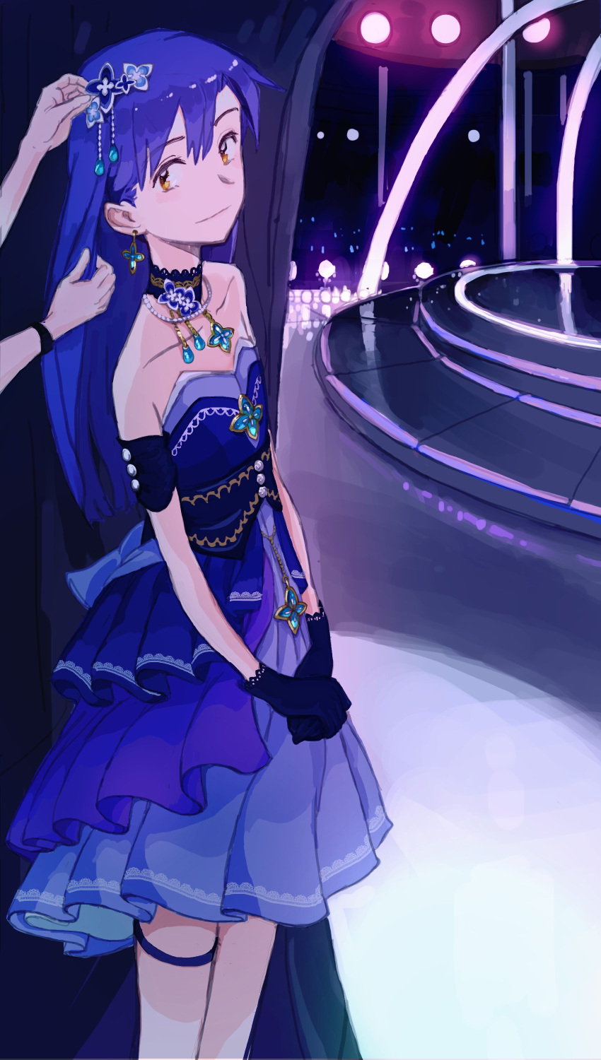 1girl 1other absurdres adjusting_another's_hair armlet blue_choker blue_dress blue_gloves blue_hair brooch brown_eyes choker collarbone commentary curtains dress earrings english_commentary garter_belt gloves highres idol idol_clothes idolmaster jewelry kisaragi_chihaya long_hair looking_at_viewer own_hands_together season_(artist) sleeveless sleeveless_dress stage standing