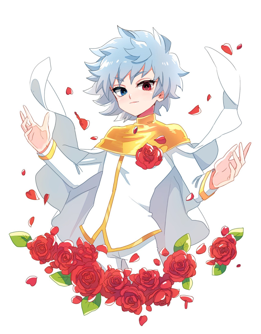 1boy blue_eyes blue_hair cape closed_mouth commentary cowboy_shot duel_masters flower gold_trim hands_up heterochromia highres light_blue_hair long_sleeves looking_at_viewer lucifer_(duel_masters) male_focus pants petals red_eyes red_flower red_rose rose rose_petals saito_katuo shirt short_hair simple_background solo white_background white_cape white_pants white_shirt