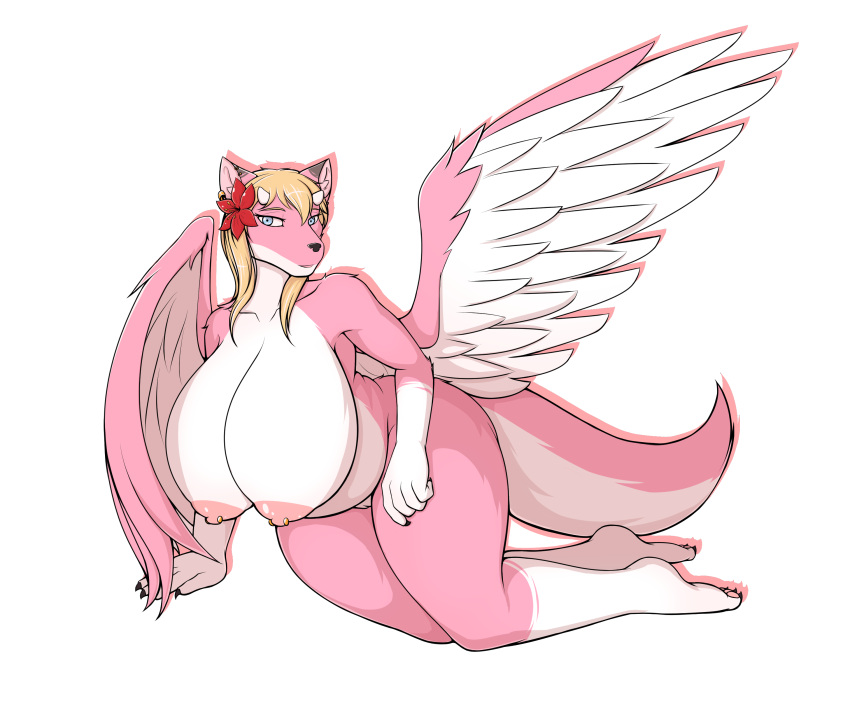 absurd_res anthro big_breasts big_butt breasts butt canid canine canis female hi_res huge_breasts hybrid mammal nipple_piercing nipples nude overweight overweight_anthro overweight_female piercing solo thick_thighs unknown_(artist) wings wolf