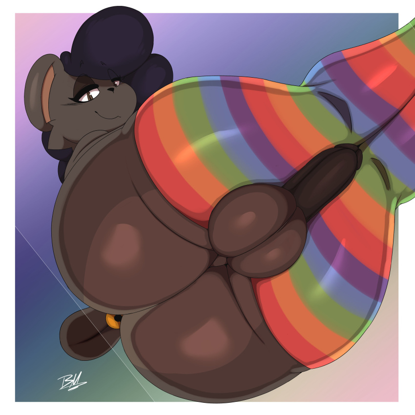 1:1 2023 absurd_res anthro balls bear big_butt biped butt clothing dammabems digital_media_(artwork) genitals half-erect hi_res huge_butt lgbt_pride low-angle_view male mammal penis perineum pride_color_clothing pride_colors simple_background sitting smile solo thick_thighs wide_hips