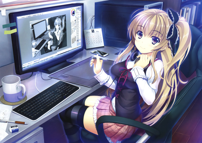 absurdres aikawa_tatsuki bangs blonde_hair blush bow breasts calendar_(object) cellphone chair computer cup desktop drawing eraser eyebrows_visible_through_hair hair_bow hand_on_headphones headphones headphones_around_neck highres holding_stylus indoors keyboard_(computer) large_breasts long_hair looking_at_viewer may monitor mug office_chair original phone pleated_skirt ponytail purple_eyes recursion scan side_ponytail sidelocks sitting skindentation skirt smartphone smile solo striped striped_legwear stylus tablet thighhighs