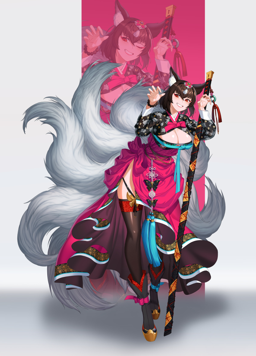 1girl absurdres animal_ears ankle_boots bead_bracelet beads black_footwear black_hair black_shirt black_thighhighs boots bracelet breasts claw_pose cleavage cleavage_cutout clothing_cutout counter:side fox_ears fox_tail full_body grin hair_ornament hanbok hands_up highres jewelry joo_shiyoung katana kemonomimi_mode kitsune korean_clothes kyuubi large_breasts leaning_forward long_skirt long_sleeves looking_to_the_side multiple_tails pink_background pink_skirt red_eyes shadow shirt short_hair side_slit skirt smile solo standing sword tachi-e tail tassel teeth thighhighs two-tone_background weapon white_background white_tail wingbee zoom_layer