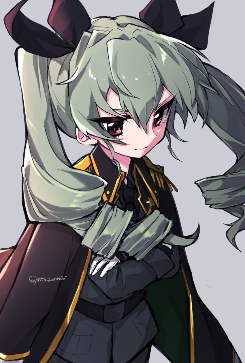 1girl anchovy_(girls_und_panzer) anzio_military_uniform belt black_belt black_cape black_ribbon black_shirt cape closed_mouth commentary cowboy_shot crossed_arms dress_shirt drill_hair girls_und_panzer gloves green_hair grey_background grey_jacket hair_ribbon highres jacket long_hair long_sleeves looking_to_the_side military_uniform natsusa_(nts_summer) red_eyes ribbon shirt simple_background smile solo twin_drills twintails twitter_username uniform white_gloves wind wing_collar